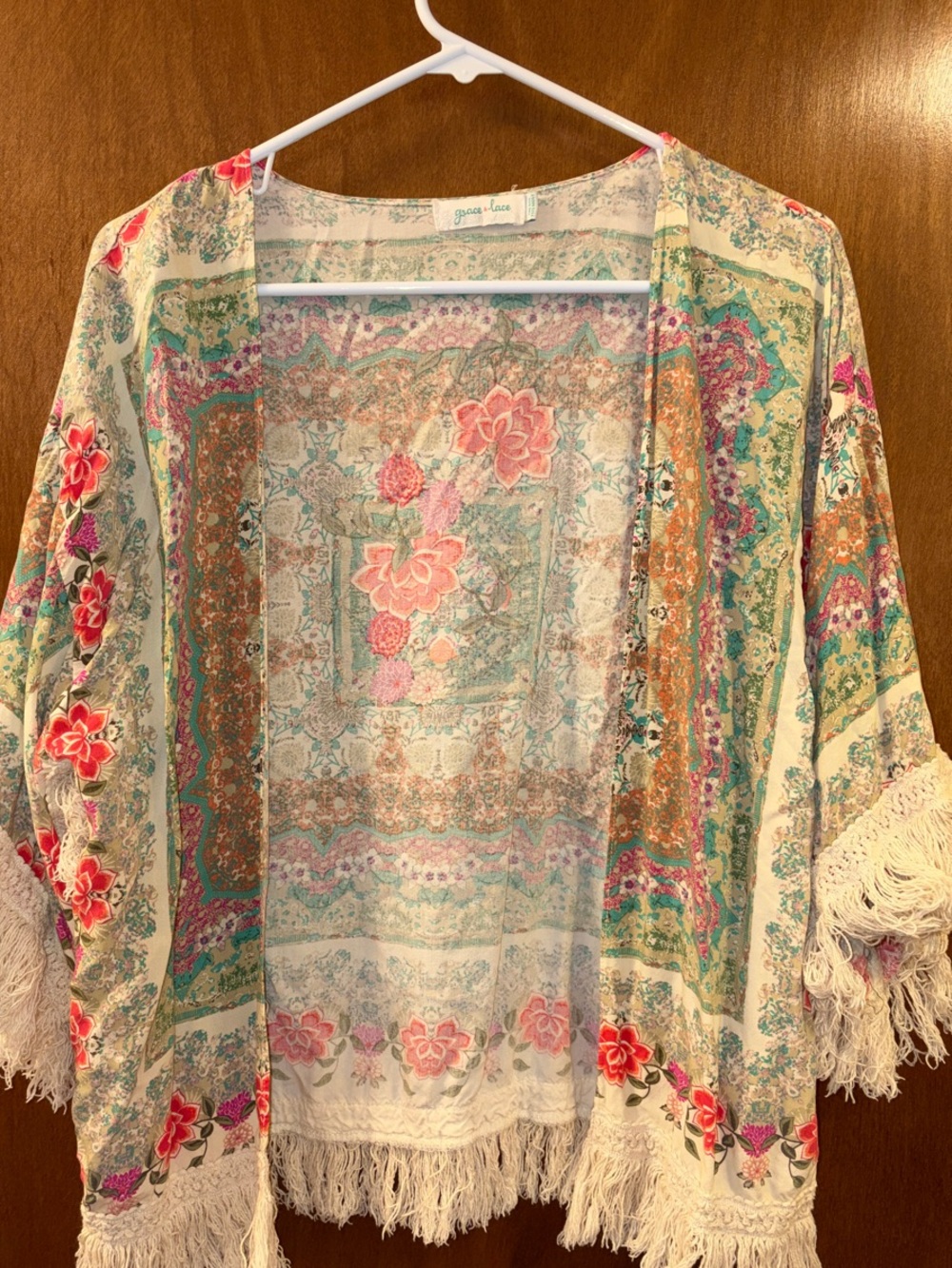 GRACE & LACE Floral Boho Fringe Kimono - Pastel Multi